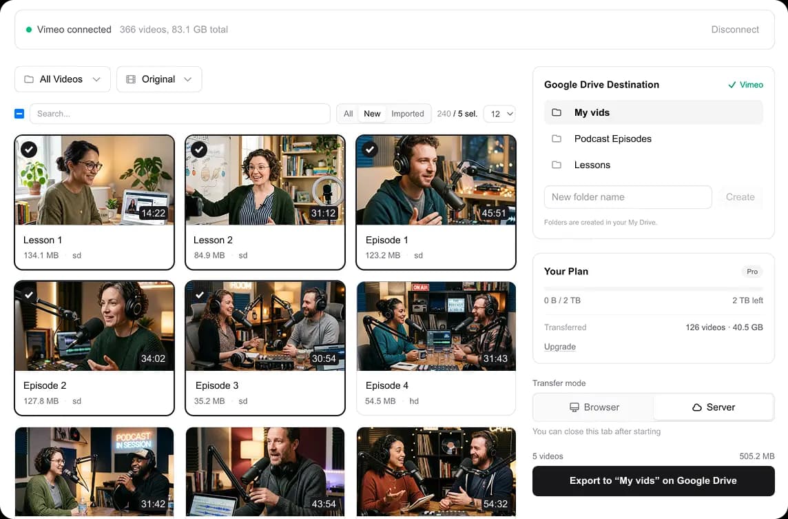 this2that dashboard — transferring Vimeo videos into a Google Workspace Shared Drive