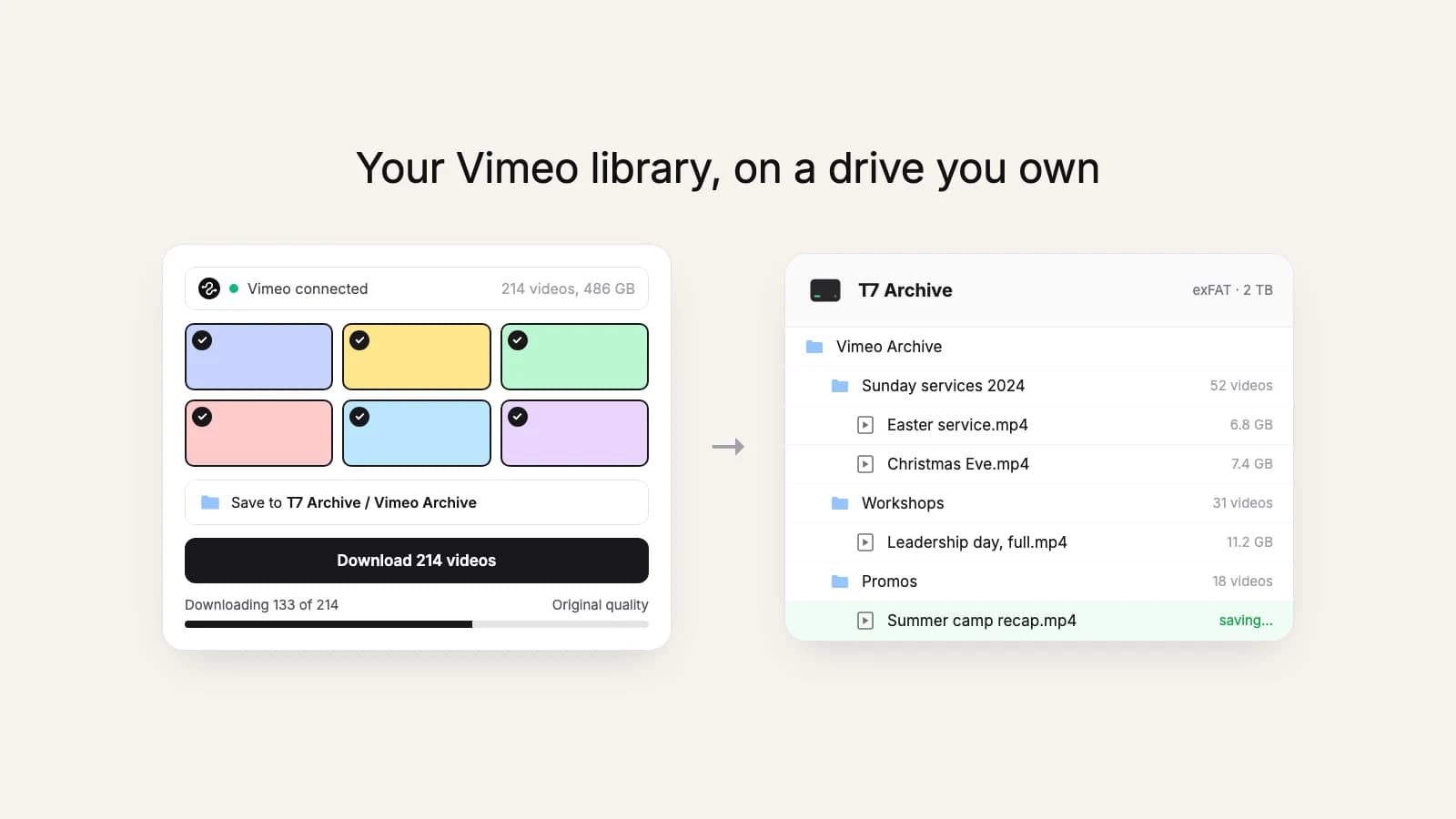 this2that downloading a Vimeo library into a folder on an external drive, with the Vimeo folders recreated on the drive